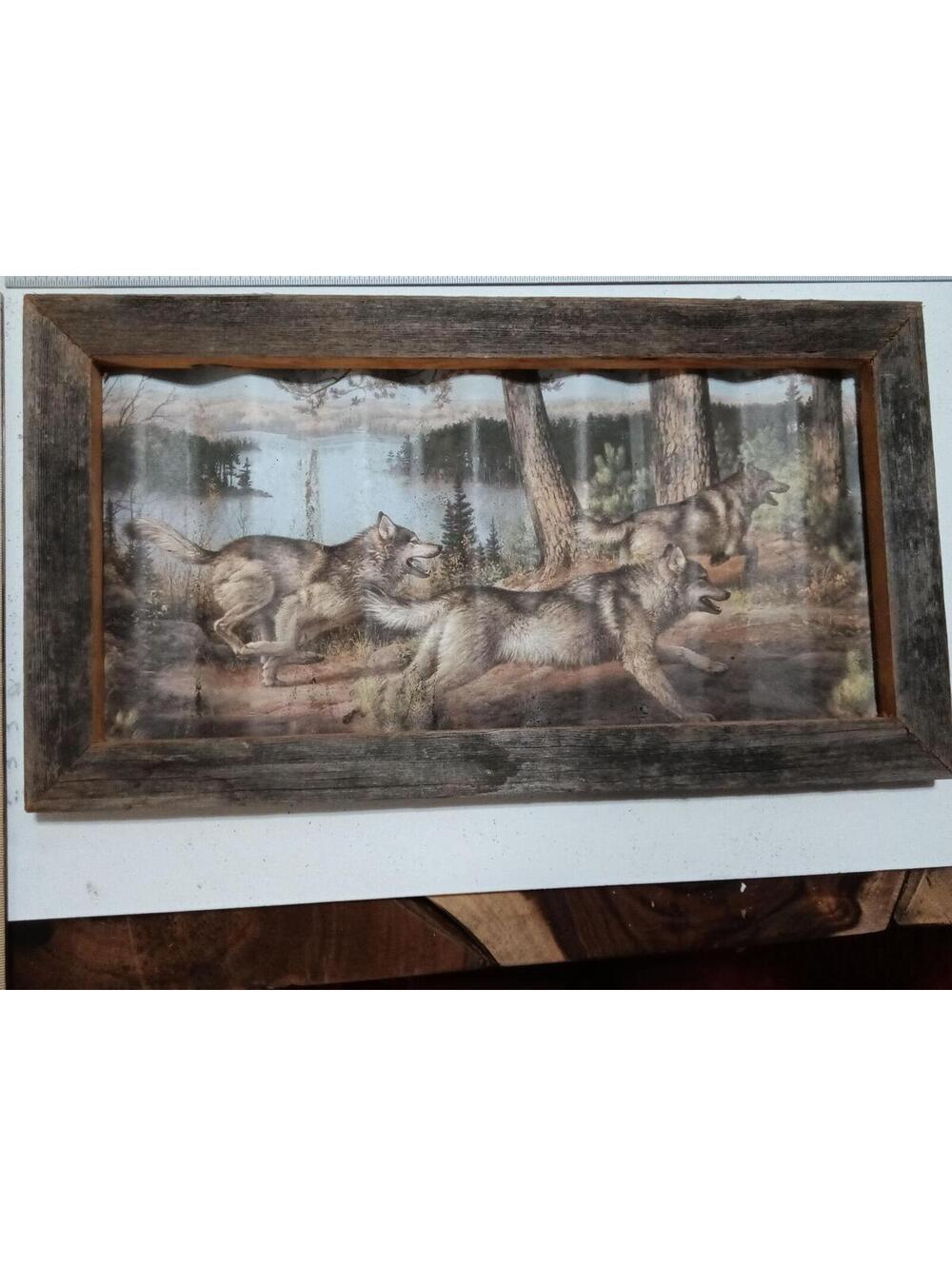 Rustic Framed Metal Wall Art with Wolves Scene 22X12"